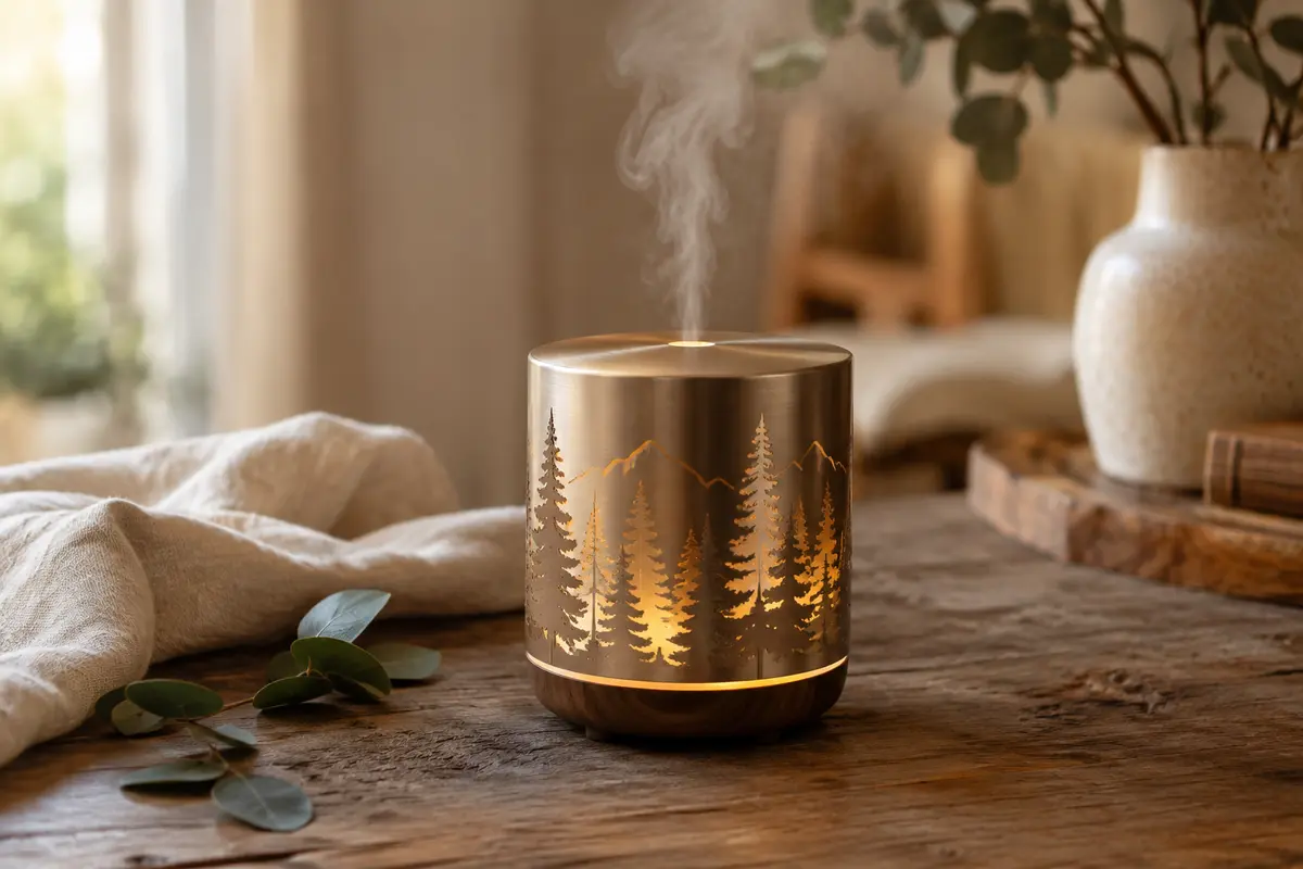 Diffuseur ultrasonique en métal à motif forestier, posé sur du bois avec une lumière douce.