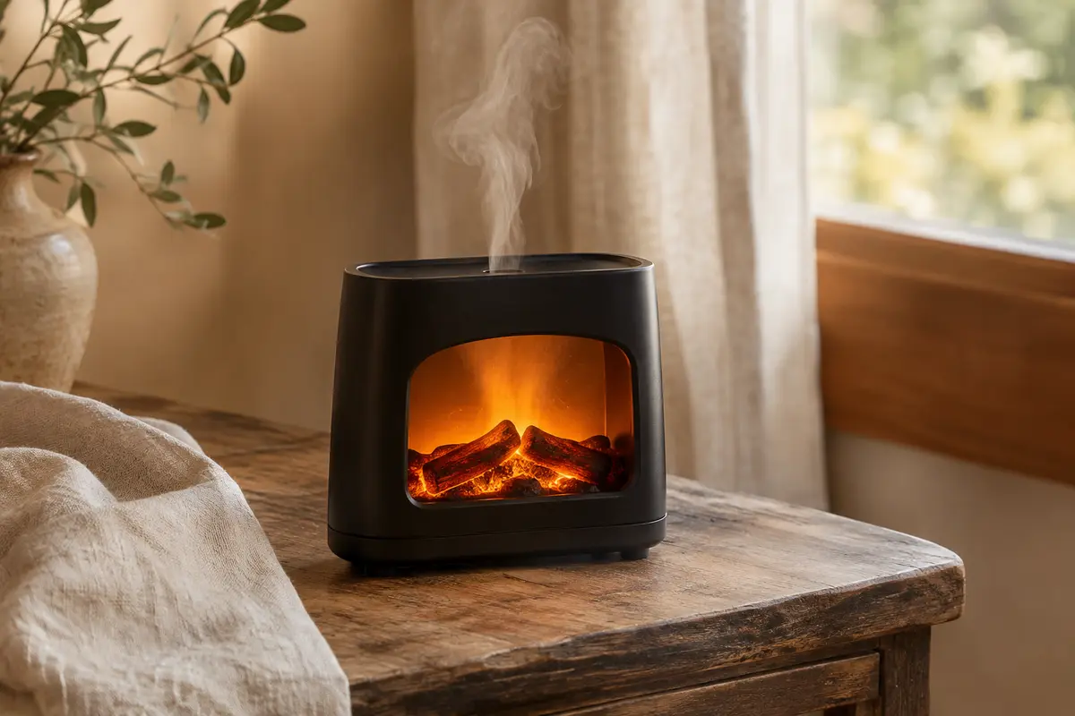 Diffuseur noir effet mini-cheminée posé sur du bois, avec lumière chaude et brume parfumée