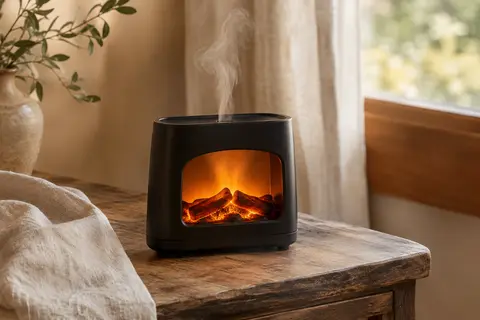 Diffuseur noir effet mini-cheminée posé sur du bois, avec lumière chaude et brume parfumée
