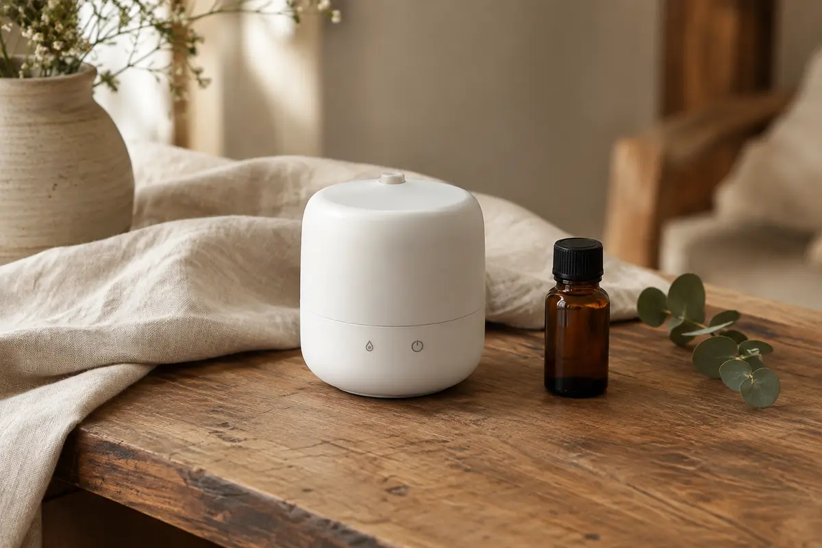 Diffuseur portable blanc Cavir posé sur une table en bois, avec un flacon ambré à proximité