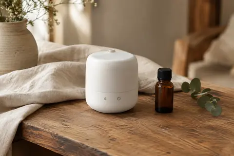 Diffuseur portable blanc Cavir posé sur une table en bois, avec un flacon ambré à proximité
