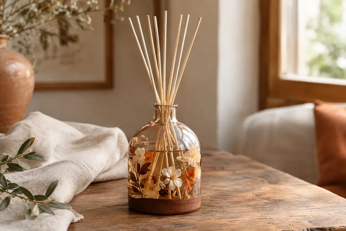 Diffuseur à bâtonnets décoratif orné de fleurs préservées, posé sur un support en bois dans un intérieur lumineux