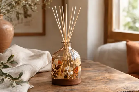 Diffuseur à bâtonnets décoratif orné de fleurs préservées, posé sur un support en bois dans un intérieur lumineux