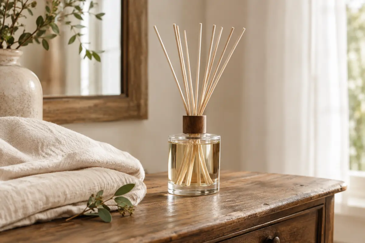 Flacon en verre de parfum d’intérieur avec huit bâtonnets posé sur une console en bois patiné