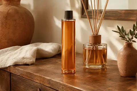 Recharge Cocorrína Fleur d’oranger posée sur une console en bois près d’un diffuseur à bâtonnets.