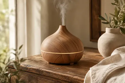 Diffuseur ultrasonique Czemo à finition aspect bois, posé sur un meuble avec une légère brume.
