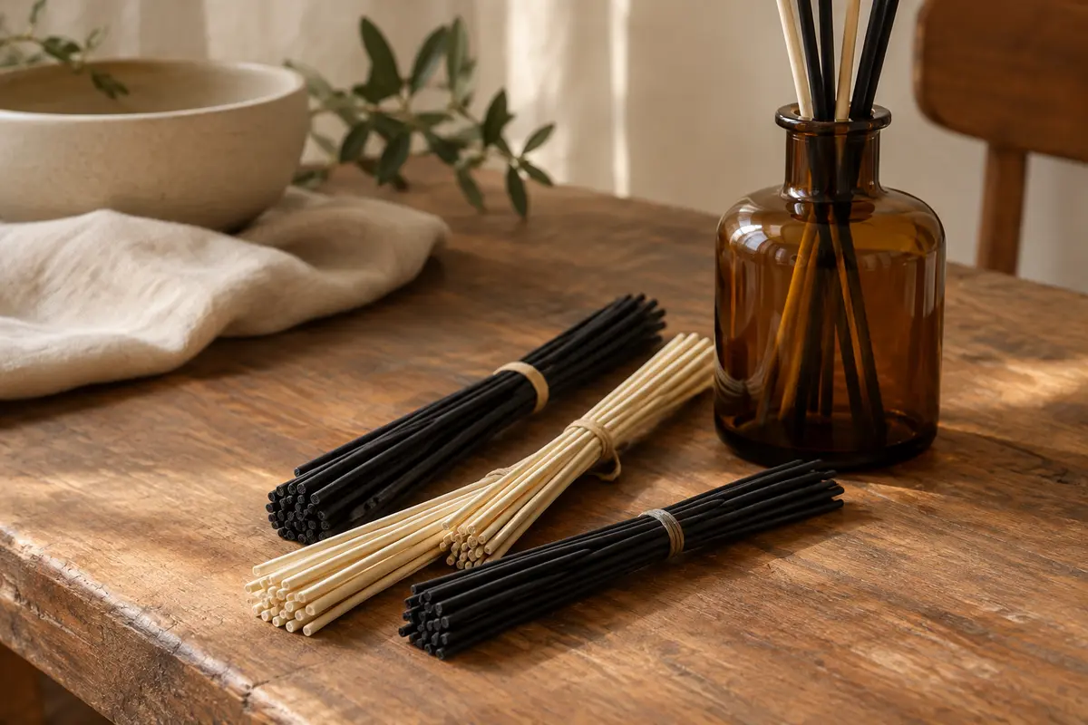 Bâtonnets diffuseurs en fibre naturels et noirs disposés près d’un flacon en verre ambré