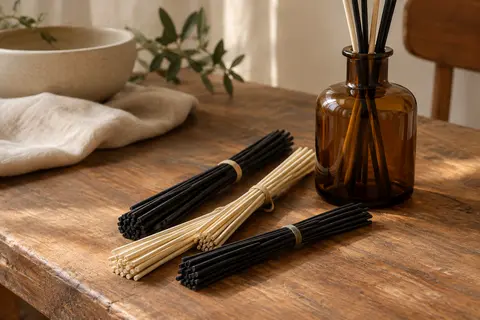 Bâtonnets diffuseurs en fibre naturels et noirs disposés près d’un flacon en verre ambré