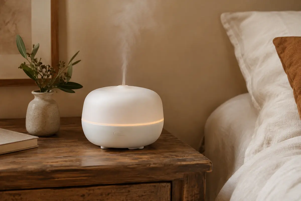 Diffuseur ultrasonique blanc à éclairage LED posé sur une table de chevet en bois