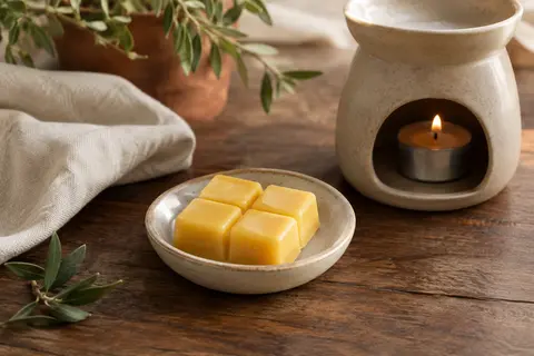 Tablette carrée jaune de fondant parfumé Monoï et Tiaré près d’un brûle-parfum en céramique.