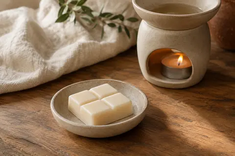 Tablette blanche de fondants parfumés divisée en quatre, posée sur une coupelle en céramique près d’un brûle-parfum.