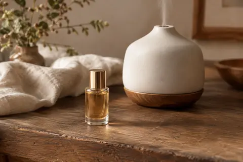 Petit flacon en verre de concentré de parfum posé près d’un diffuseur électrique en céramique