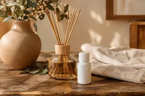 Flacon blanc de recharge Néroli posé près d’un bouquet parfumé à bâtonnets sur du bois