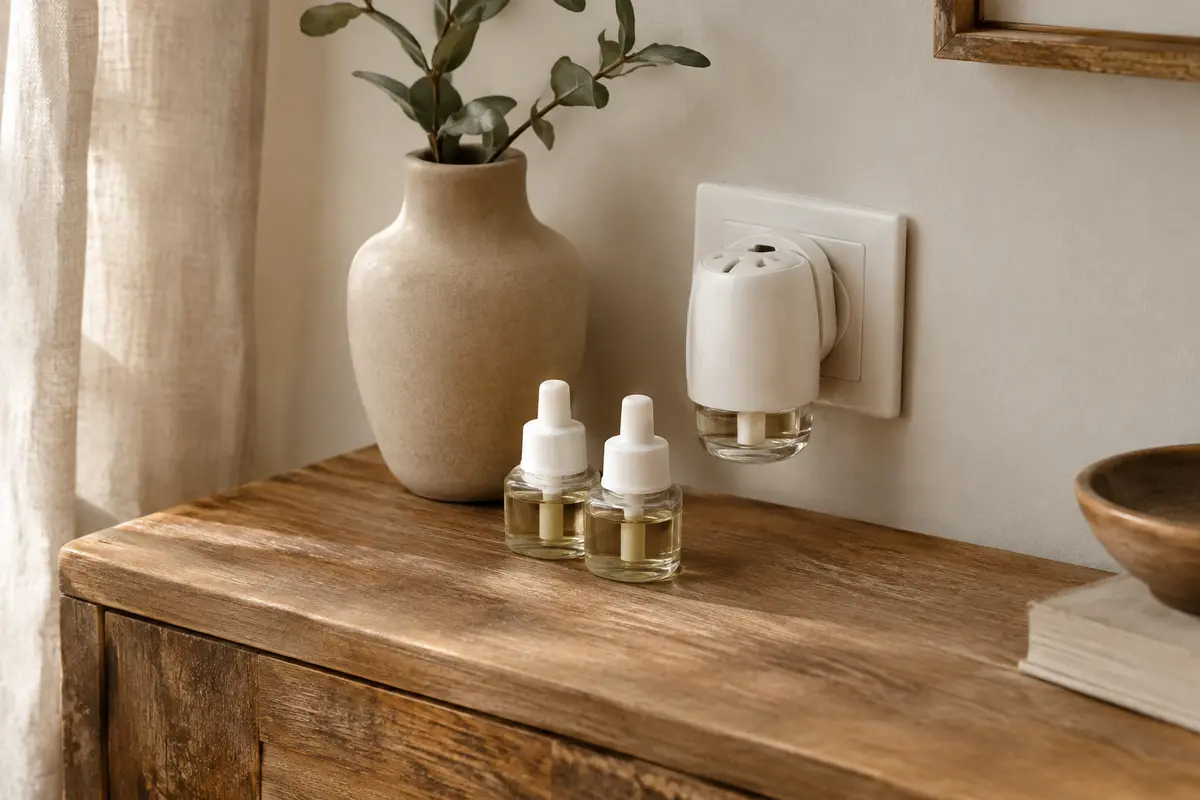 Diffuseur électrique blanc Febreze 3Volution mis en scène près d’une prise sur une console en bois