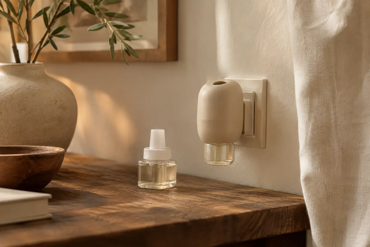 Diffuseur électrique beige Febreze 3Volution et recharge, présentés dans un intérieur aux tons crème et bois