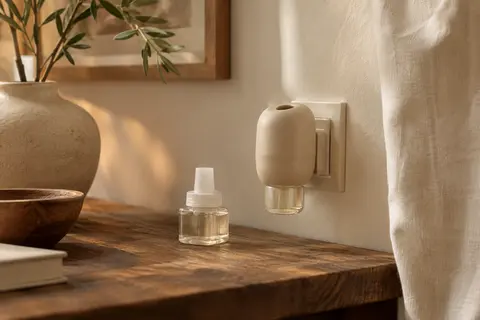 Diffuseur électrique beige Febreze 3Volution et recharge, présentés dans un intérieur aux tons crème et bois