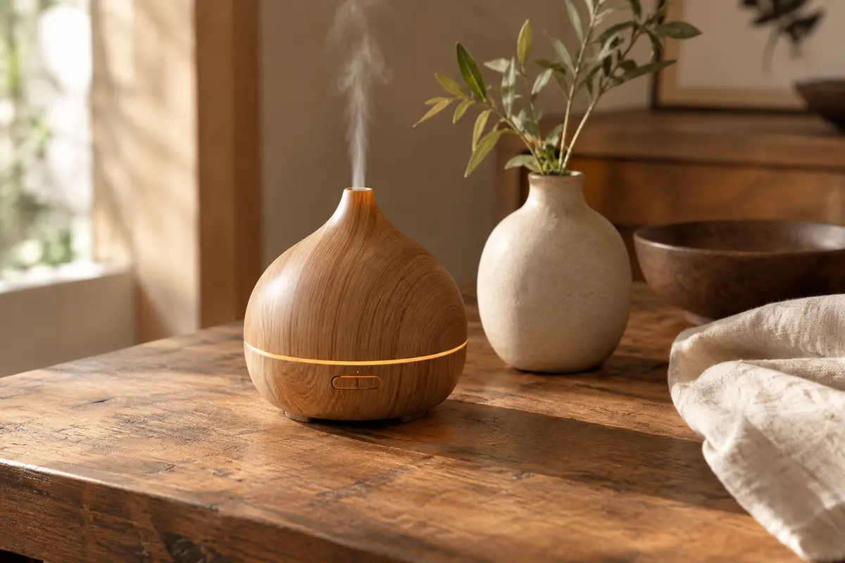 Diffuseur ultrasonique à finition grain de bois posé sur une table avec une lumière douce