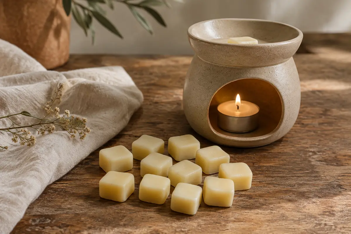 Pastilles parfumées Fleurs de coton en cire de colza disposées près d’un brûle-parfum en céramique.