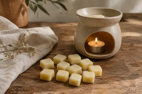 Pastilles parfumées Fleurs de coton en cire de colza disposées près d’un brûle-parfum en céramique.