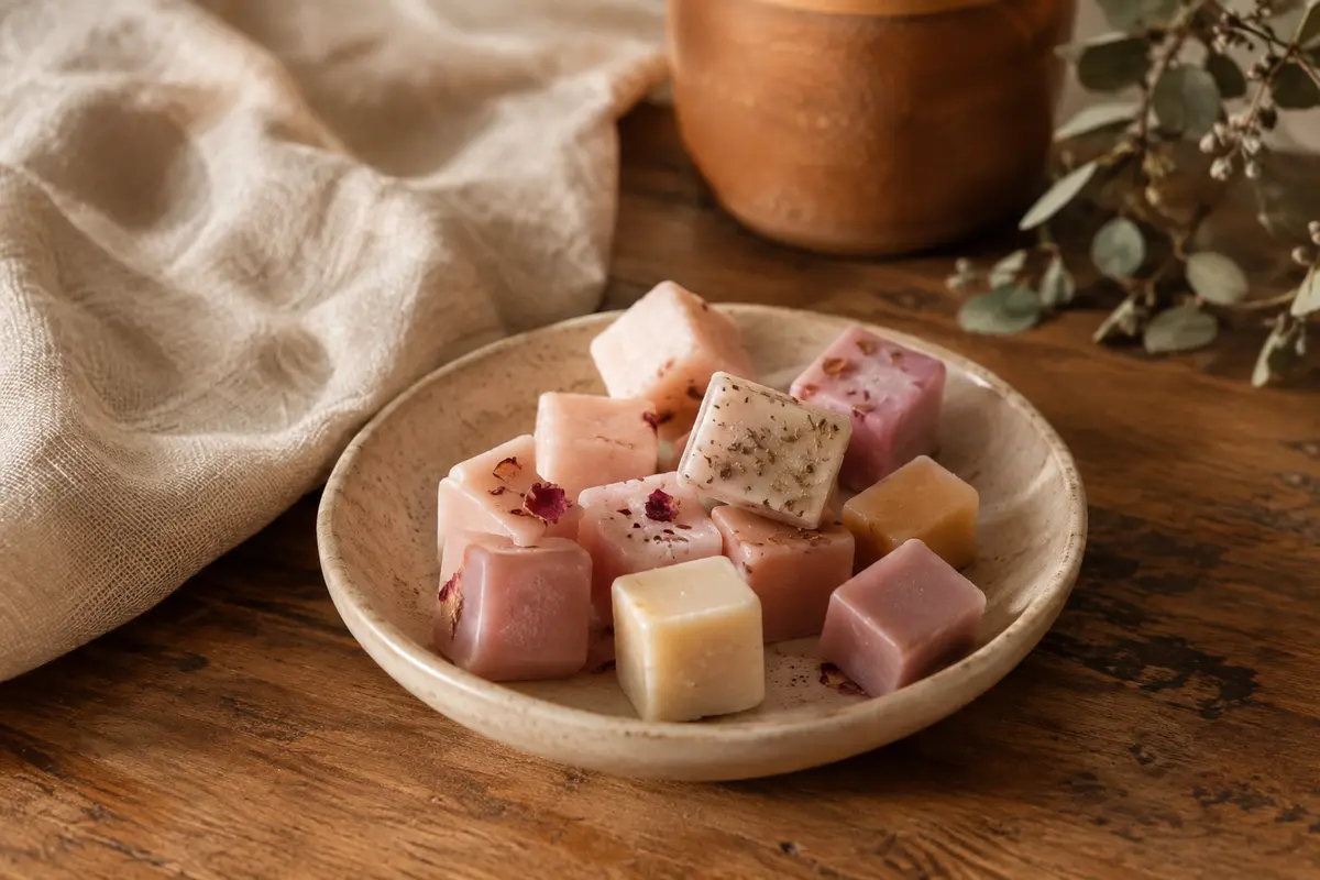 Cubes de fondants parfumés en cire de soja, dans une coupelle en céramique sur du bois patiné.
