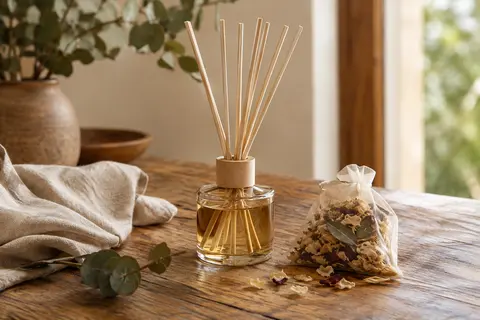 Diffuseur de parfum au santal avec bâtonnets de coton et fleurs séchées posé sur du bois