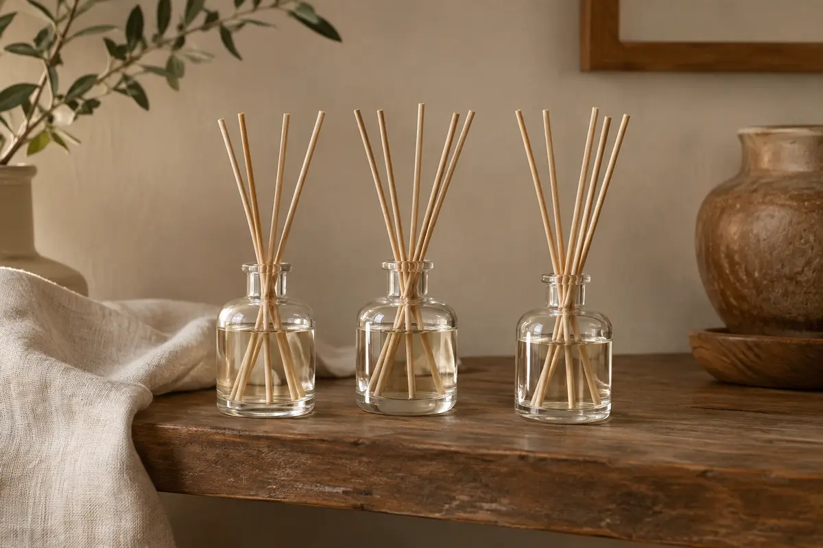 Trois diffuseurs en verre avec leurs bâtonnets posés sur une étagère en bois patiné