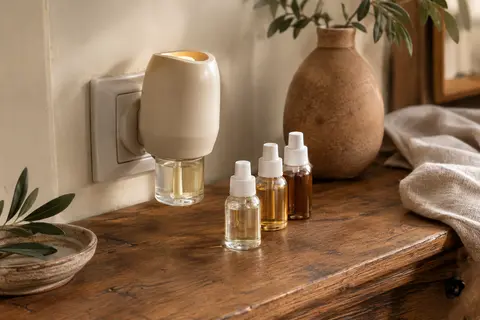 Diffuseur électrique d’huile parfumée et trois recharges posés sur une tablette en bois dans un intérieur doux
