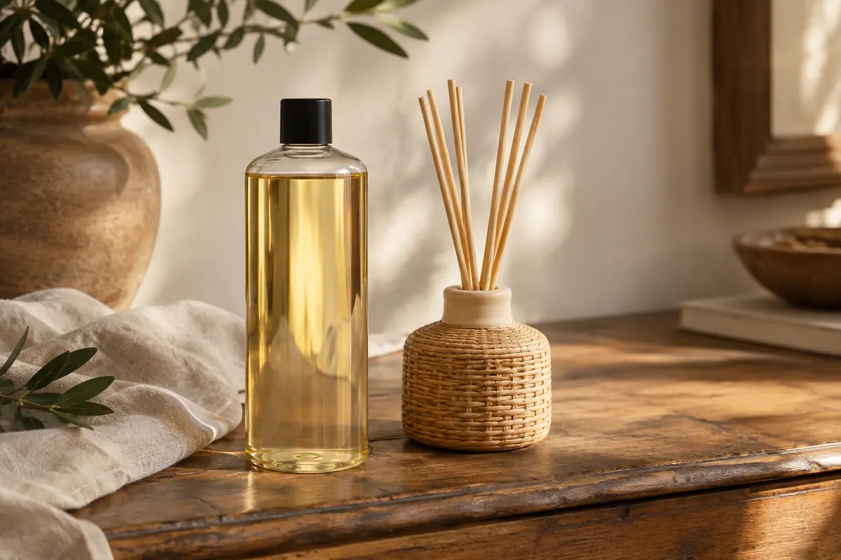Recharge de parfum Divines Épices près d’un diffuseur à bâtonnets posé sur une console en bois.