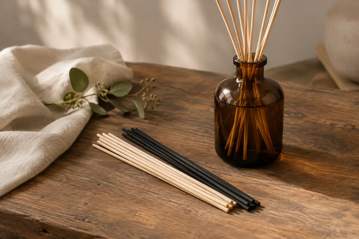 Bâtonnets de diffuseur en fibre naturels et noirs disposés près d’un flacon en verre ambré