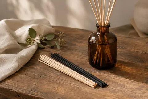 Bâtonnets de diffuseur en fibre naturels et noirs disposés près d’un flacon en verre ambré