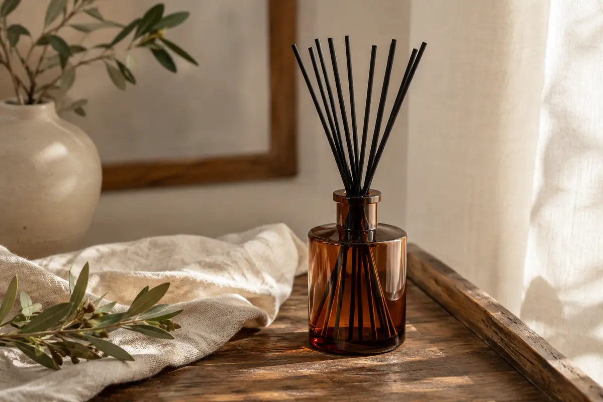 Bâtonnets diffuseurs noirs en rotin disposés près d’un flacon en verre ambré sur du bois