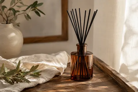 Bâtonnets diffuseurs noirs en rotin disposés près d’un flacon en verre ambré sur du bois