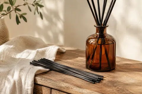Bâtonnets noirs en rotin naturel près d’un flacon diffuseur en verre ambré sur du bois patiné.