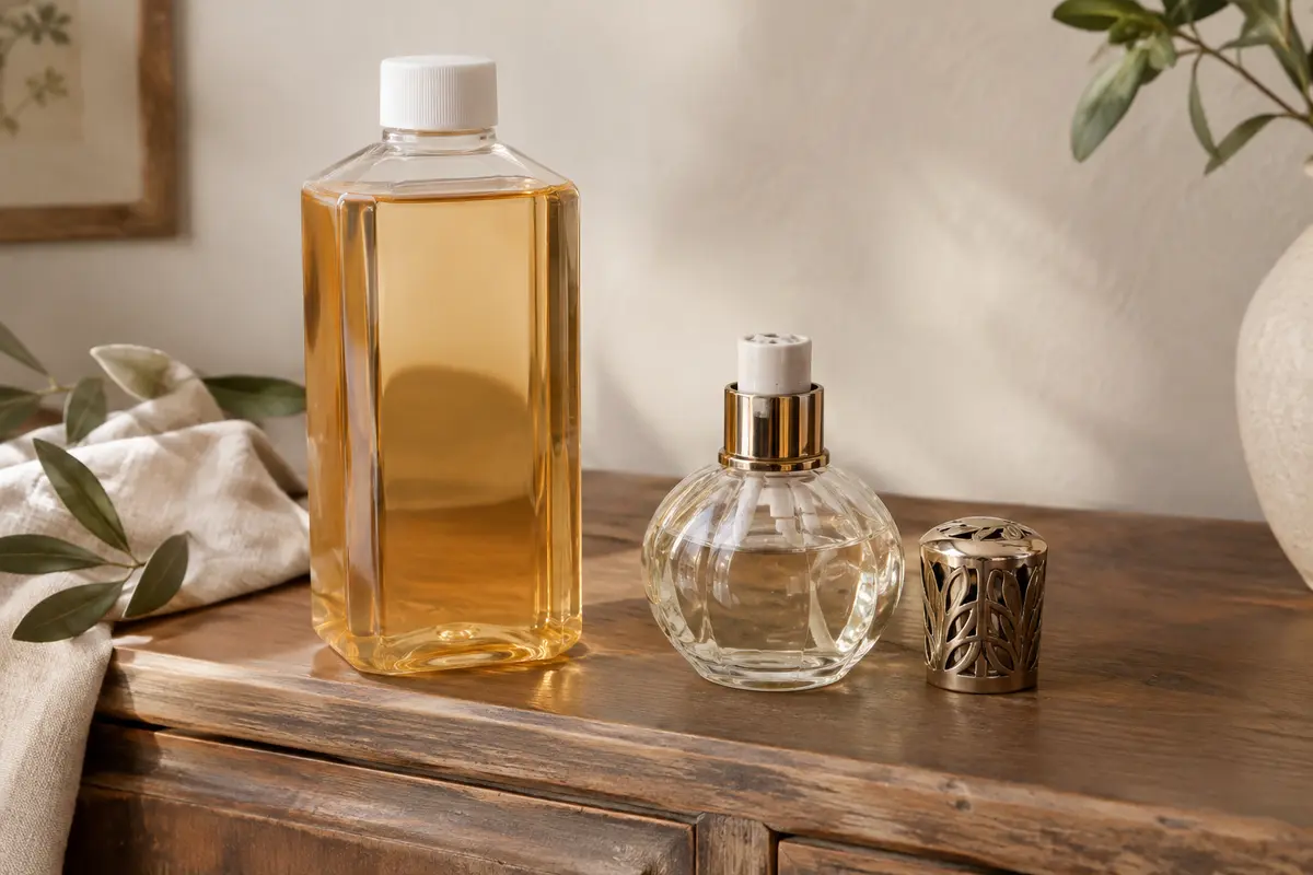 Grande bouteille de recharge de parfum ambré d’un litre à côté d’une lampe catalytique éteinte en verre, sur une console en bois patiné.