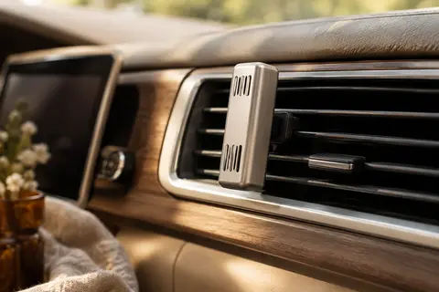 Diffuseur de parfum argenté en aluminium fixé sur une grille d’aération dans un habitacle sobre.