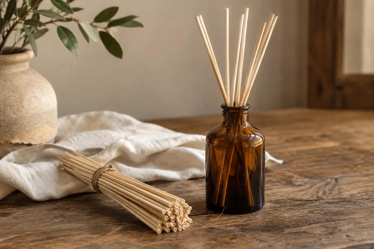 Bâtonnets de rotin beige pour diffuseur à parfum, présentés en faisceau près d’un flacon ambré