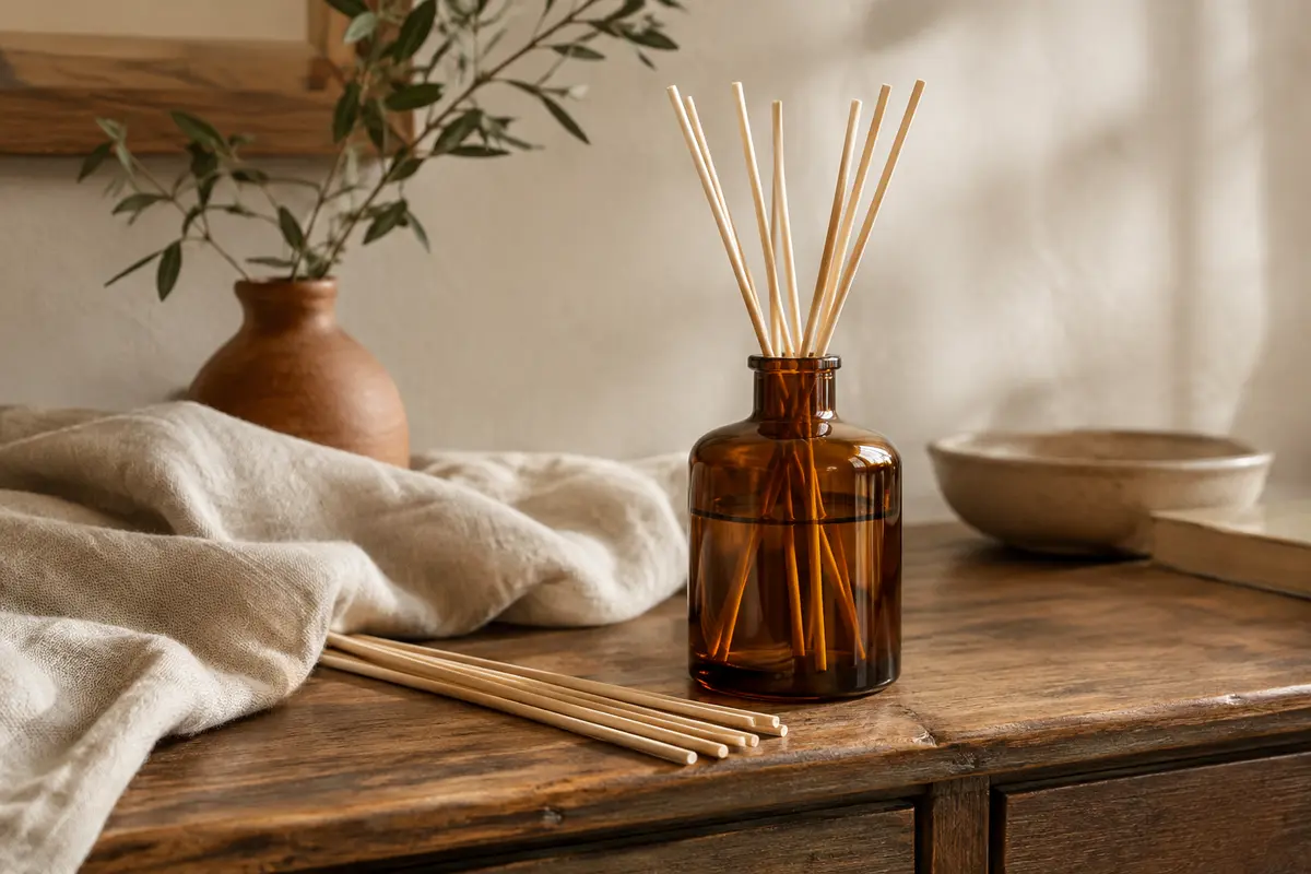 Bâtonnets de rechange en rotin naturel près d’un flacon de diffuseur en verre ambré