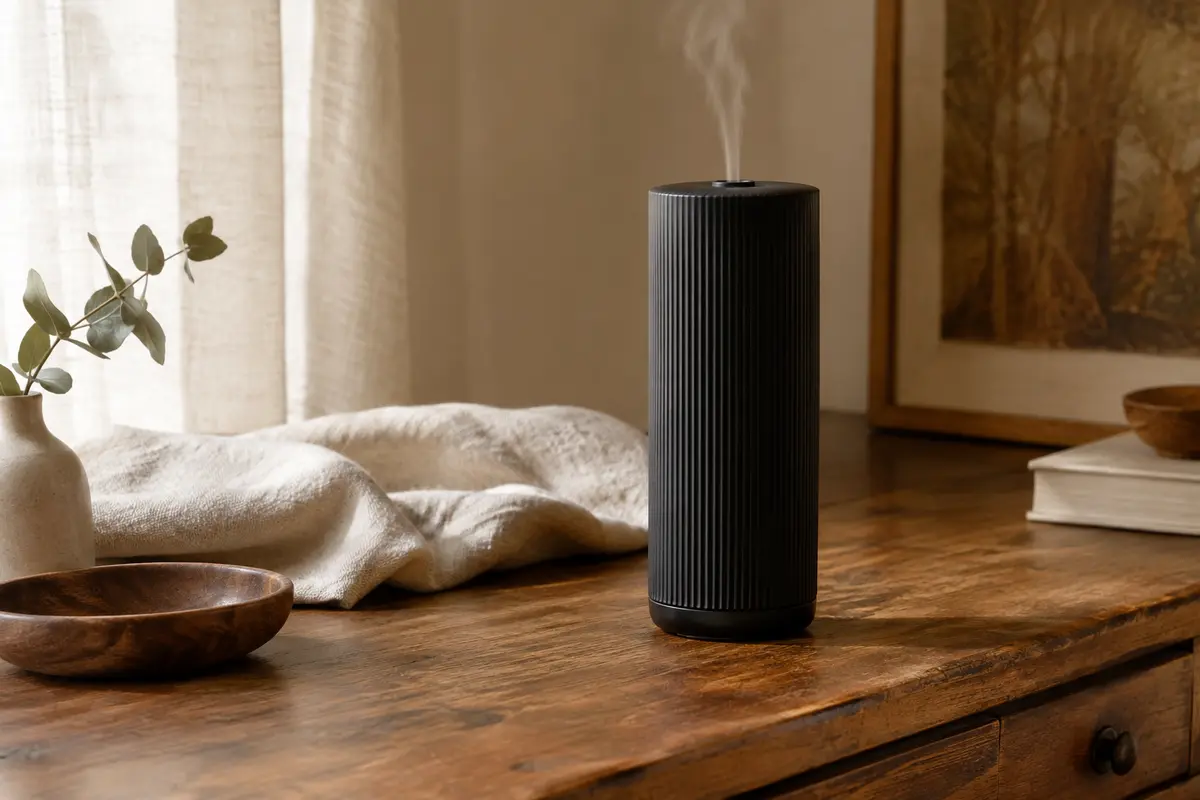 Diffuseur cylindrique noir posé sur une console en bois patiné dans un intérieur lumineux et épuré.