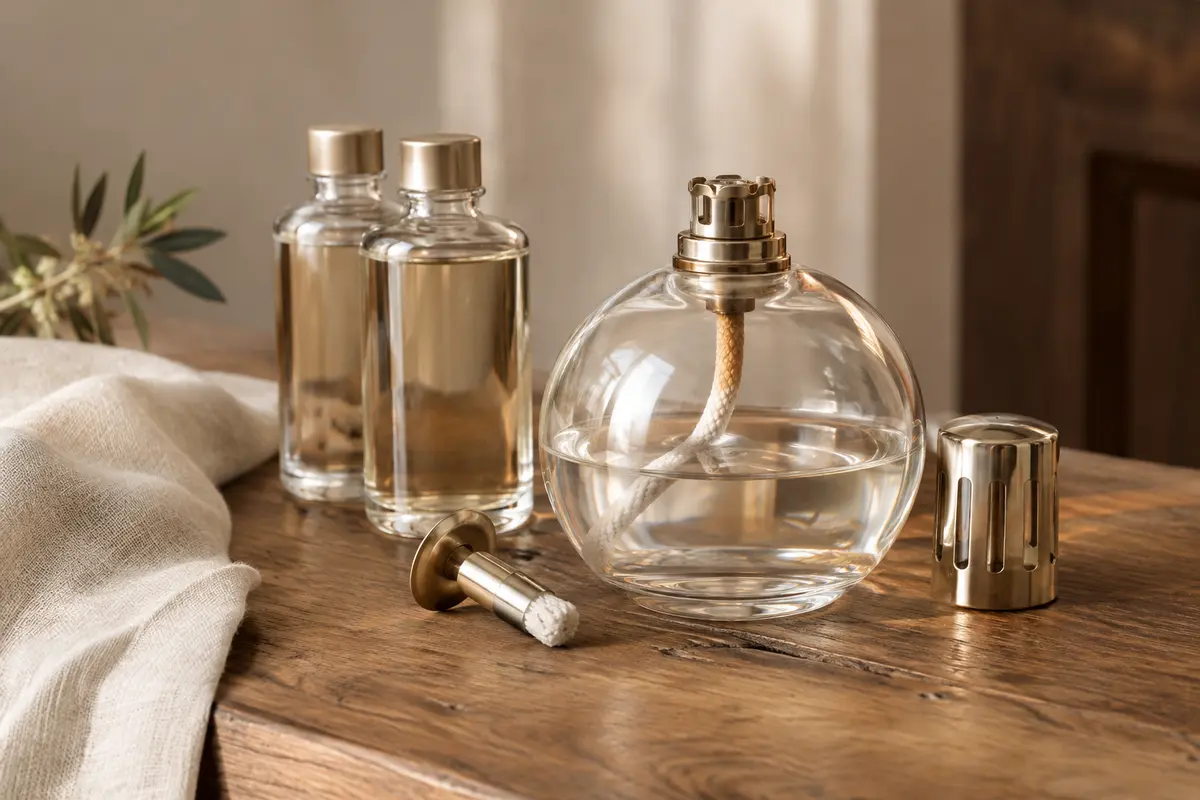 Lampe à catalyse ronde en verre accompagnée de ses accessoires et de deux recharges sur un meuble en bois.
