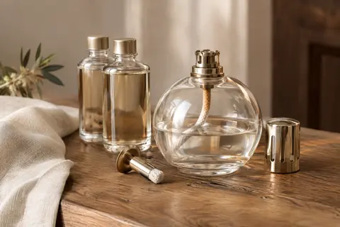 Lampe à catalyse ronde en verre accompagnée de ses accessoires et de deux recharges sur un meuble en bois.