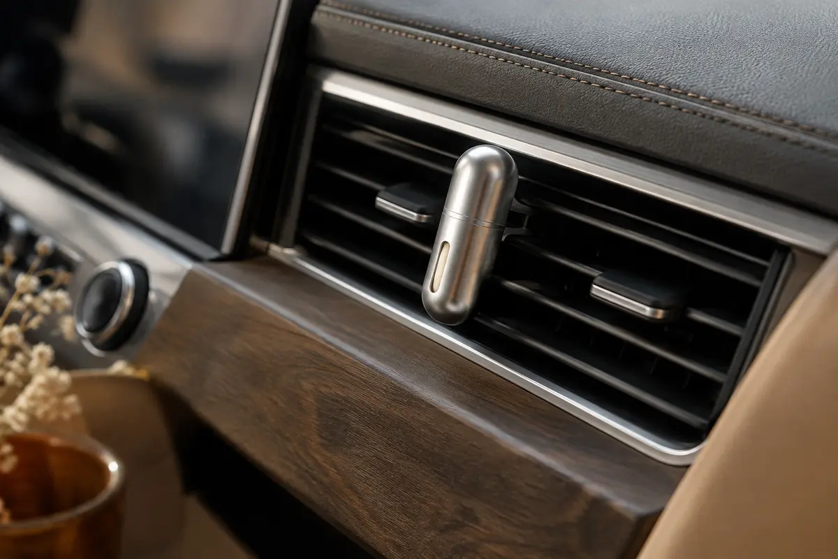 Diffuseur voiture à clip argenté fixé sur une grille d’aération, avec sa recharge céramique parfumée.