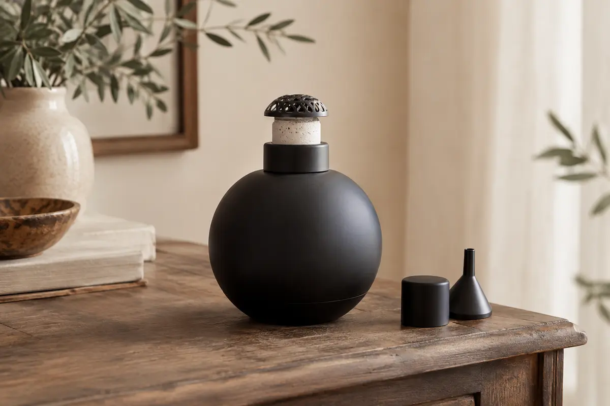 Lampe à catalyse sphérique en verre noir mat avec son brûleur sans flamme, posée sur une console en bois.