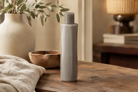Flacon gris de recharge Poussière d’Ambre posé sur du bois patiné dans un décor intérieur doux et naturel