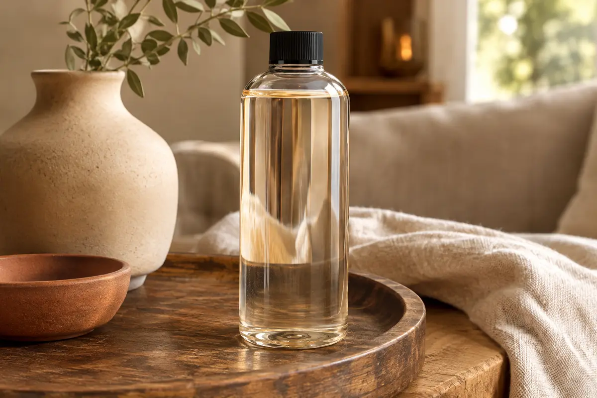 Flacon de recharge Vanille Gourmet pour Lampe Berger posé sur un plateau en bois patiné.