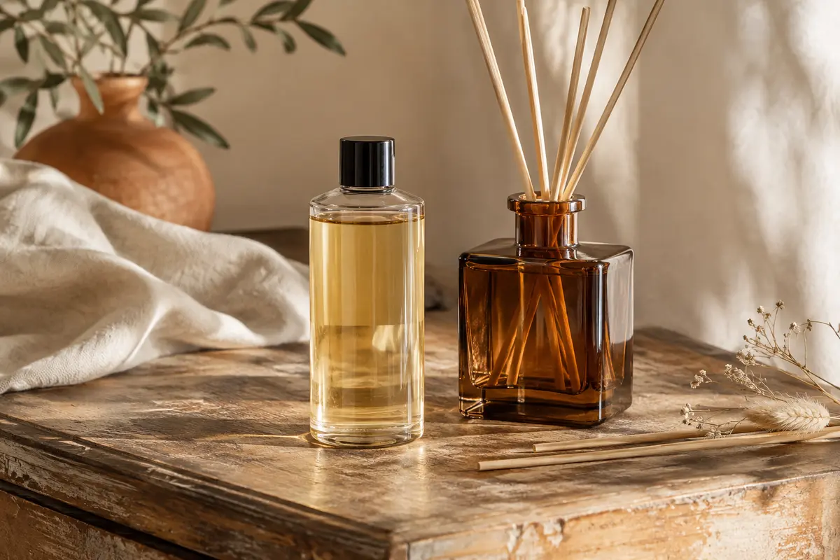 Recharge de parfum Lolita Lempicka posée près d’un bouquet à bâtonnets dans un intérieur chaleureux