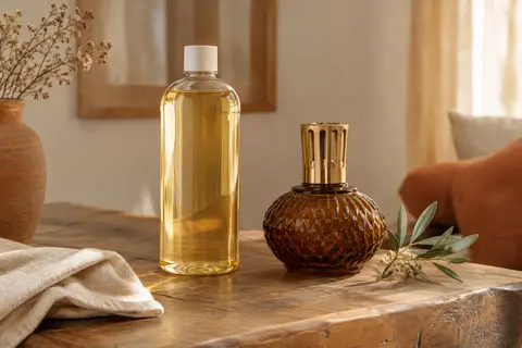 Recharge de parfum pour lampe à catalyse mise en scène près d’une lampe en verre ambré