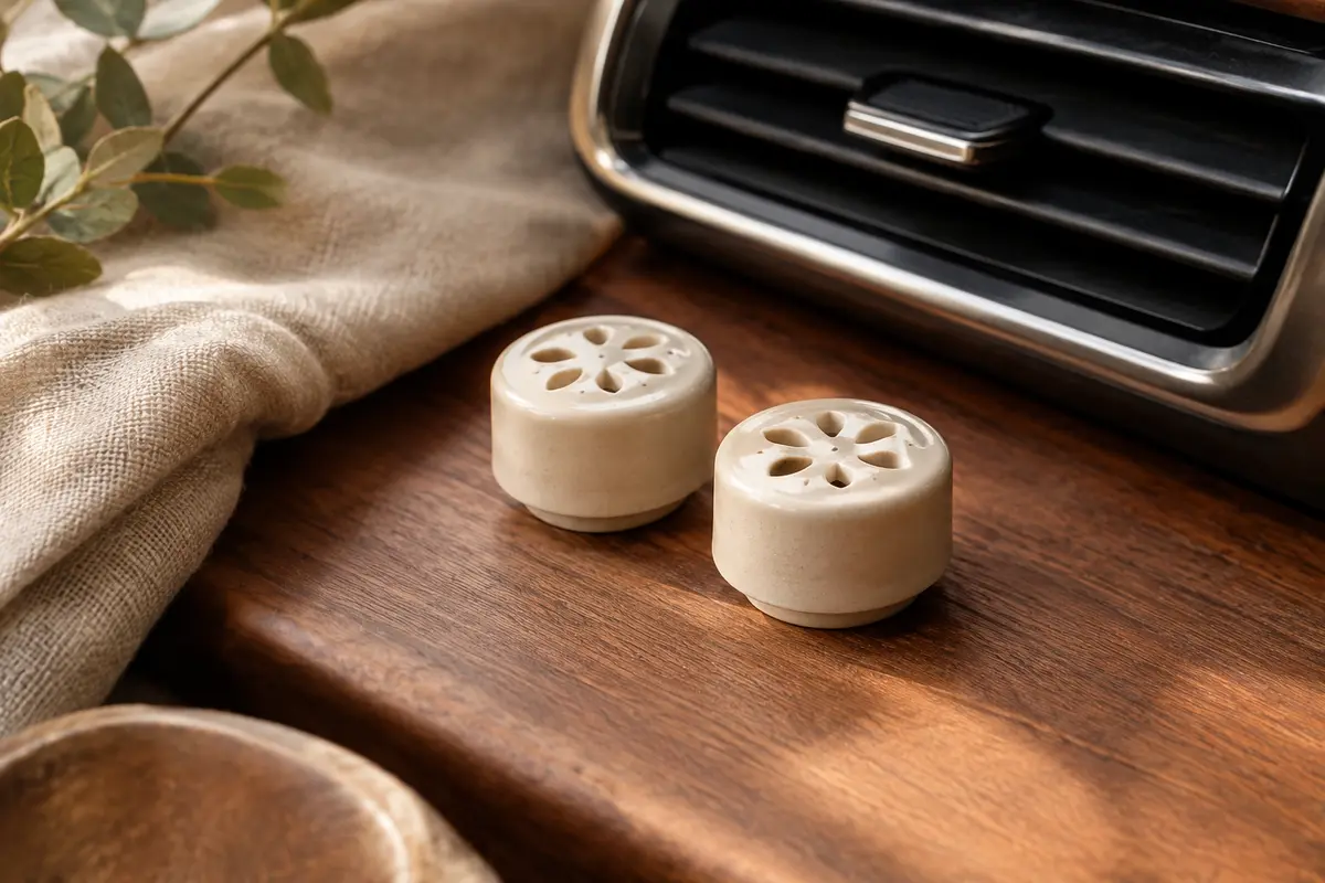 Deux recharges céramiques pour diffuseur voiture présentées dans un décor automobile doux et naturel.