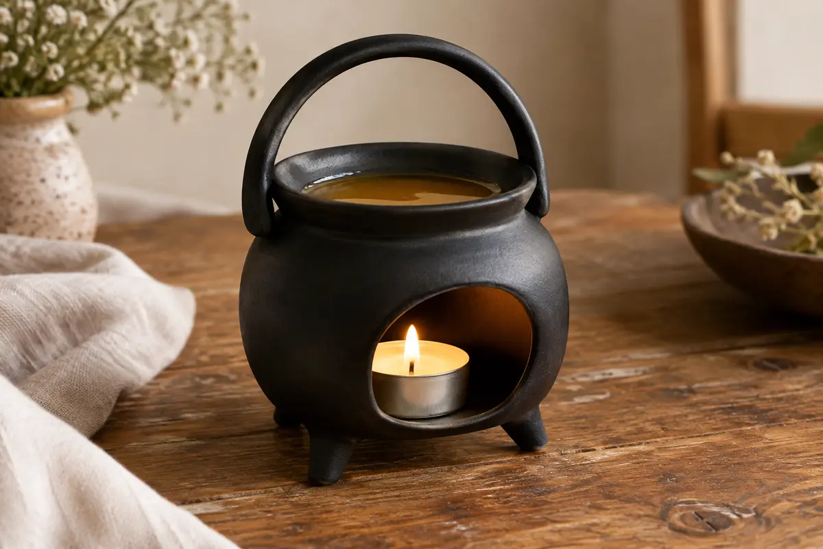 Brûle-parfum chaudron en céramique noire mate, avec son anse, sa bougie chauffe-plat allumée et sa coupelle de cire.