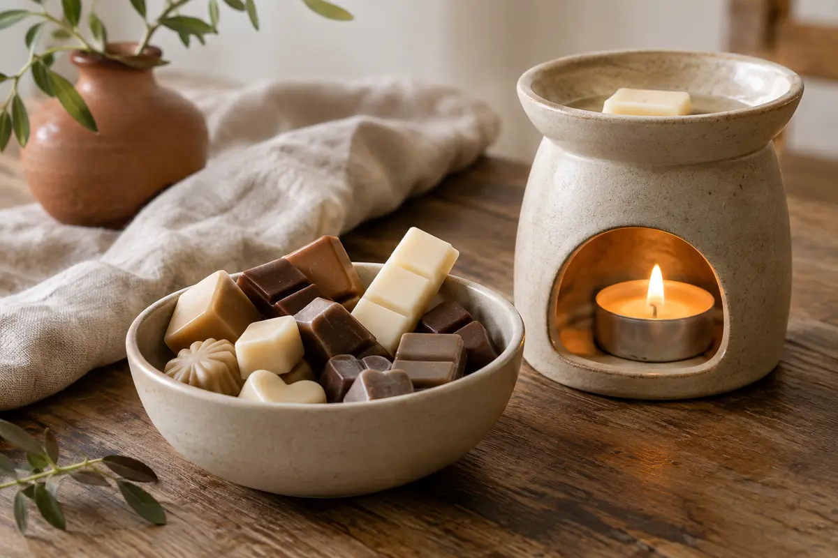 Fondants parfumés en cire de soja disposés près d’un brûle-parfum en céramique