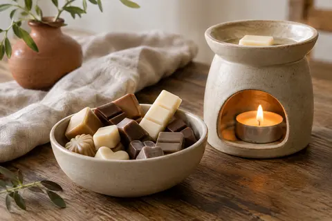 Fondants parfumés en cire de soja disposés près d’un brûle-parfum en céramique